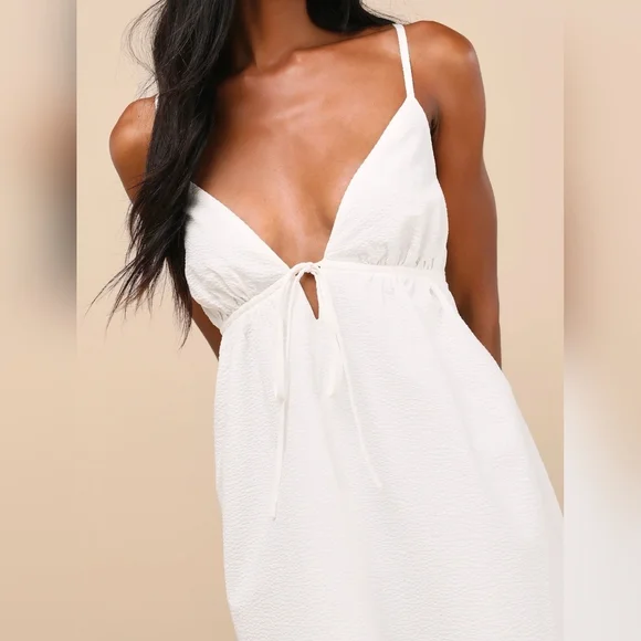 Lulus Lelina White Tie-Front Babydoll Mini Dress, Size Small - Picture 5 of 10